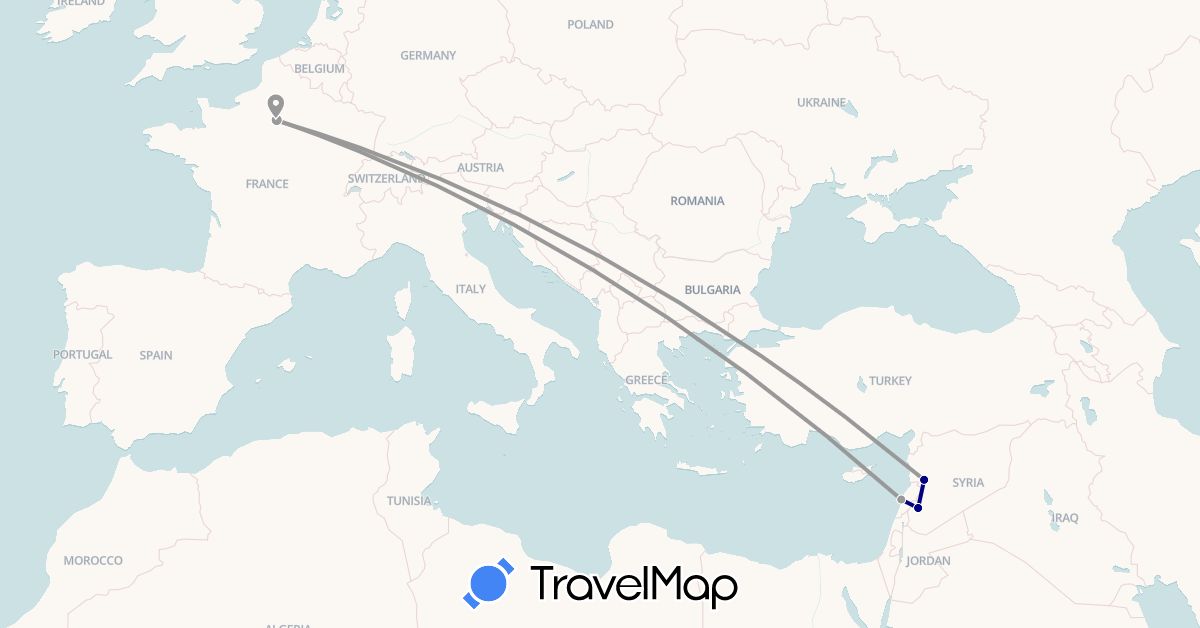 TravelMap itinerary: driving, plane in France, Lebanon, Syria (Asia, Europe)